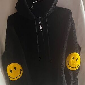 Black Zip-Up Sweater with Yellow Smiley Patches